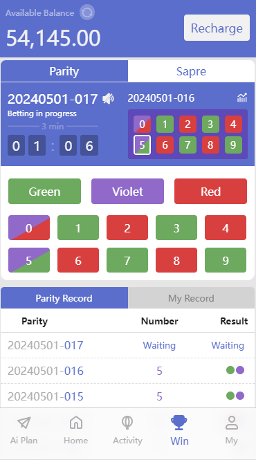 Screenshot of the game showing color prediction challenge